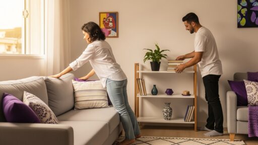 Mulher arrumando almofadas no sofá enquanto homem organiza livros em estante, em sala com decoração roxa e plantas.