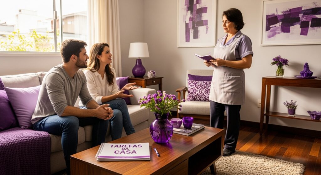 Casal sentado conversando com profissional doméstica em sala decorada, com caderno escrito “TAREFAS DA CASA” na mesa.