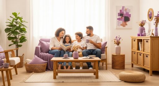 Família sentada no sofá lendo juntos em sala decorada com tons de roxo e móveis de madeira clara.