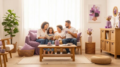 Família sentada no sofá lendo juntos em sala decorada com tons de roxo e móveis de madeira clara.