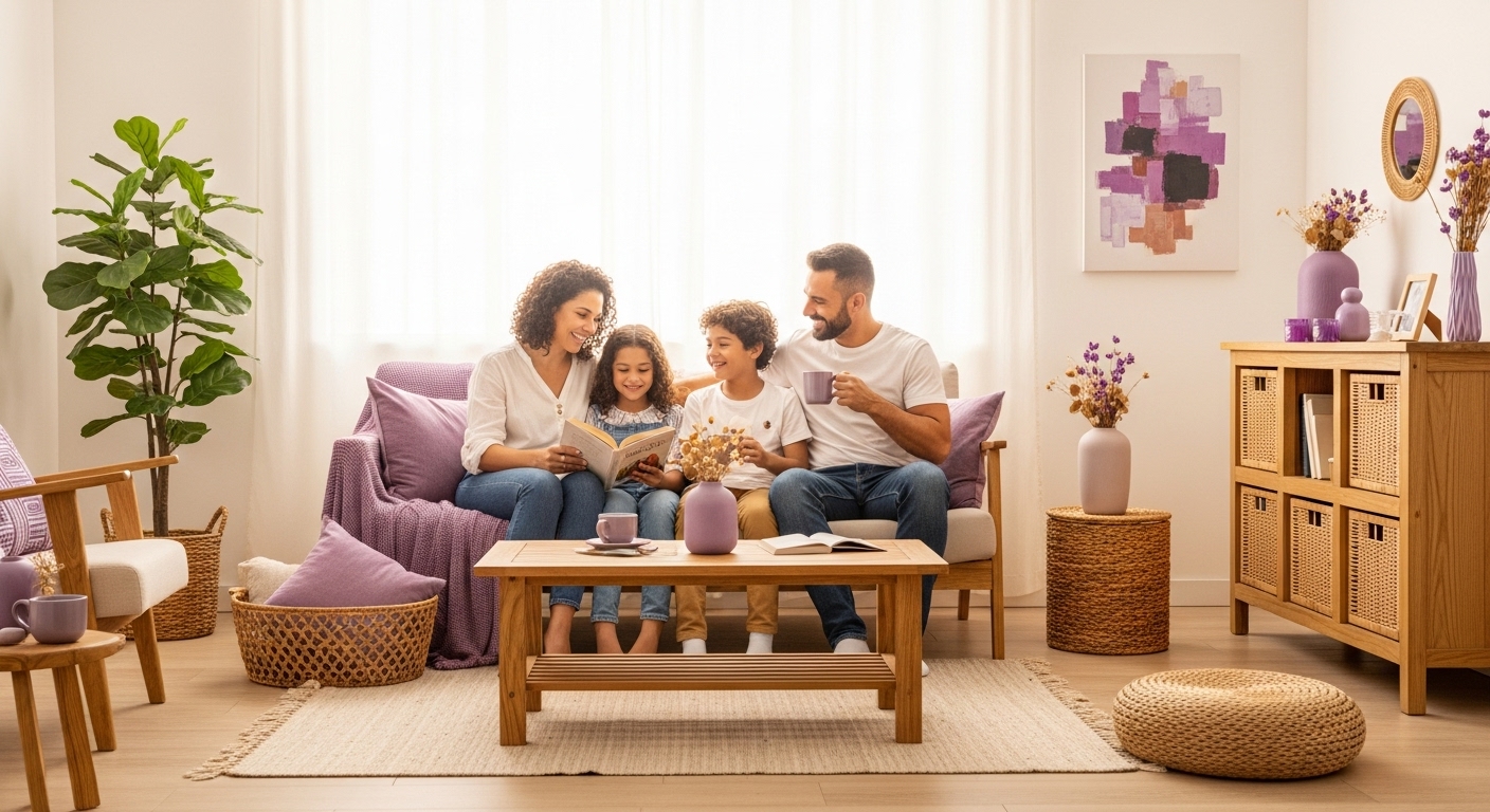 Família sentada no sofá lendo juntos em sala decorada com tons de roxo e móveis de madeira clara.