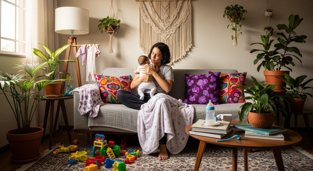 Pessoa sentada em sofá segurando bebê em sala com brinquedos, plantas e mamadeira sobre a mesa.