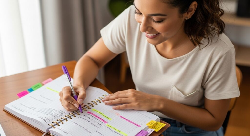 Mulher escrevendo em um planner com marcadores coloridos e etiquetas adesivas organizadas por temas.
