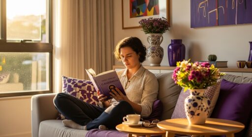 Pessoa lendo o livro “O Alquimista” de Paulo Coelho sentada no sofá ao lado de uma mesa com flores.