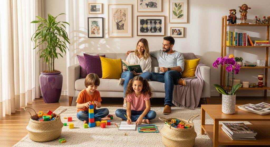 Família sentada no sofá enquanto duas crianças brincam e desenham no tapete em uma sala decorada.