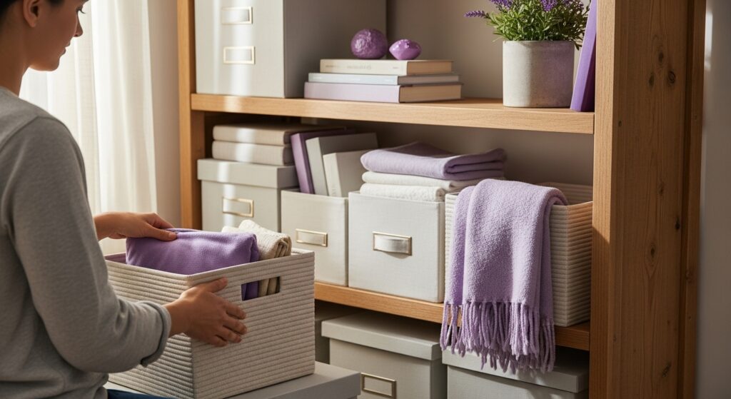 Pessoa organizando toalhas e mantas em caixas de tecido em estante de madeira.