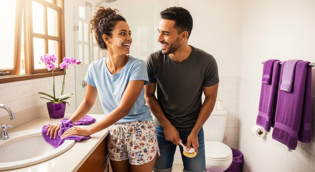 Casal sorrindo enquanto limpa o banheiro decorado com toalhas e vaso roxo com orquídeas.