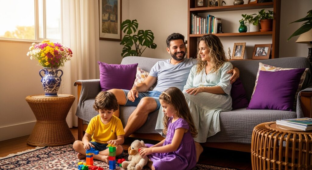 Casal sentado no sofá observando dois filhos brincando com blocos e pelúcia na sala decorada.