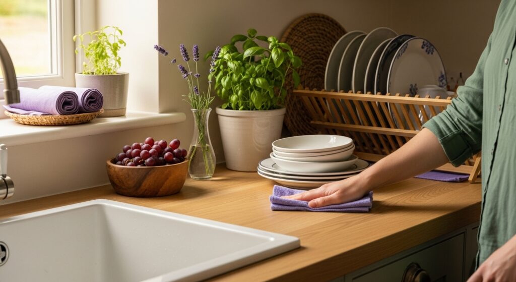 Pessoa limpando bancada de cozinha com pratos empilhados, plantas e bowl de uvas próximos à pia.