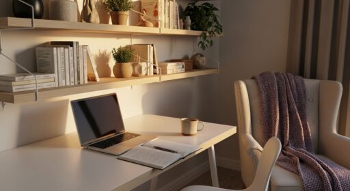 Alt text disse: Mesa com notebook, caderno aberto e caneca ao lado de estante com livros e plantas em ambiente iluminado.