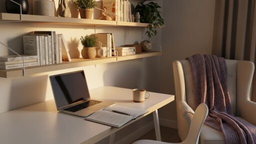 Alt text disse: Mesa com notebook, caderno aberto e caneca ao lado de estante com livros e plantas em ambiente iluminado.