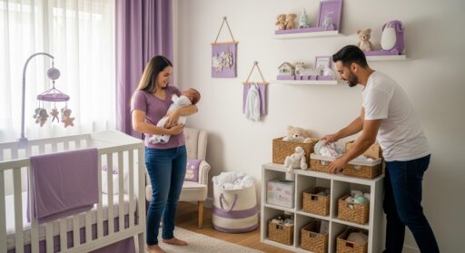 Mulher segurando bebê enquanto homem organiza roupas em quarto decorado com roxo e brinquedos.