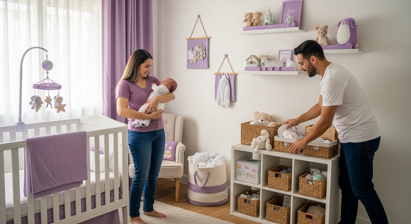 Mulher segurando bebê enquanto homem organiza roupas em quarto decorado com roxo e brinquedos.