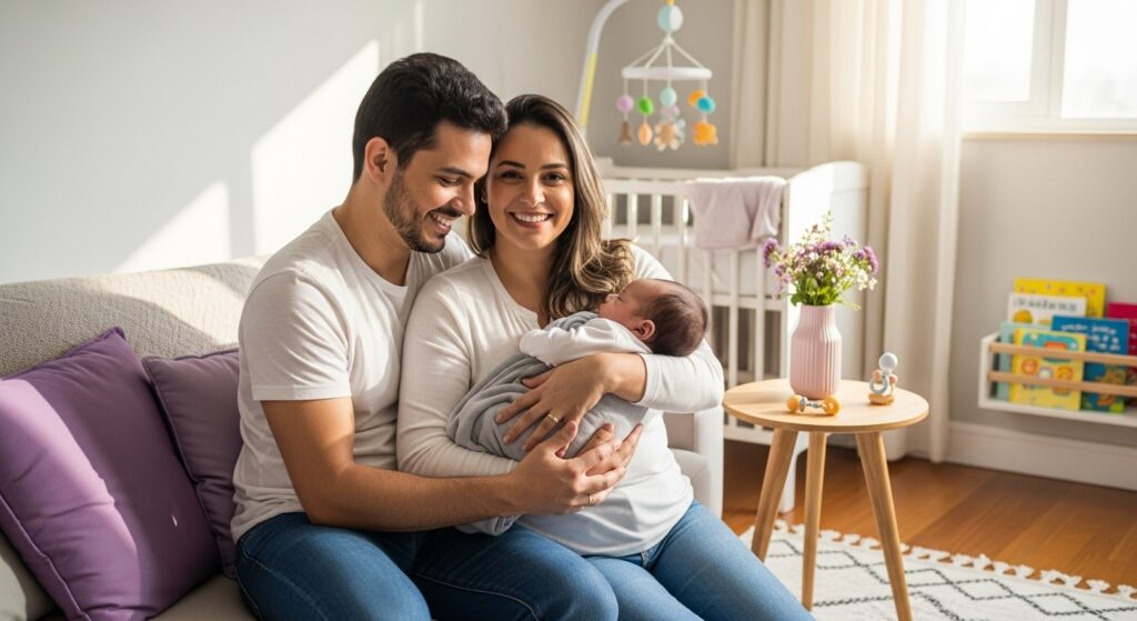 Casal sorridente sentados com recém-nascido no colo em sala clara com berço e livros infantis ao fundo.