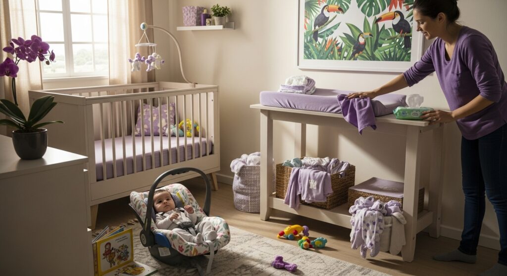 Quarto de bebê com berço, trocador, brinquedos no chão e mulher organizando fraldas.