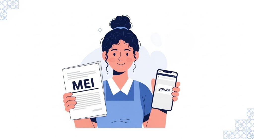 Ilustração de mulher segurando documento com a palavra “MEI” em uma mão e celular com site gov.br na outra, representando formalização como microempreendedora individual.