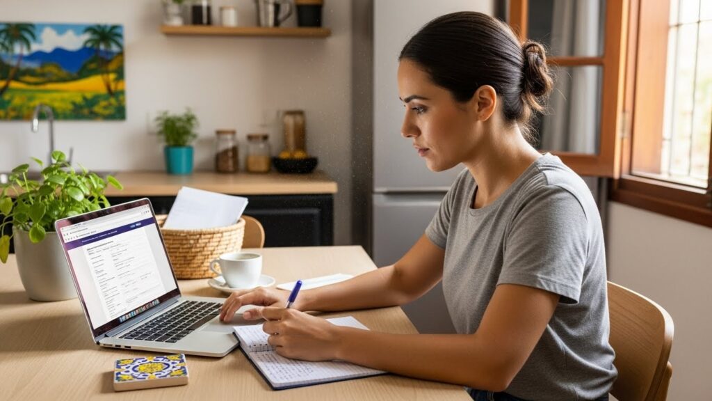 Mulher preenchendo dados no site do governo em um notebook, com caderno e caneca sobre a mesa, em ambiente doméstico.