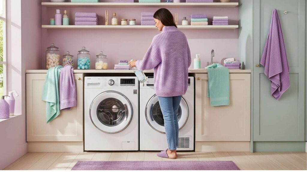 Mulher em lavanderia organizada e decorada em tons pastel, segurando produto de limpeza diante de duas máquinas de lavar.