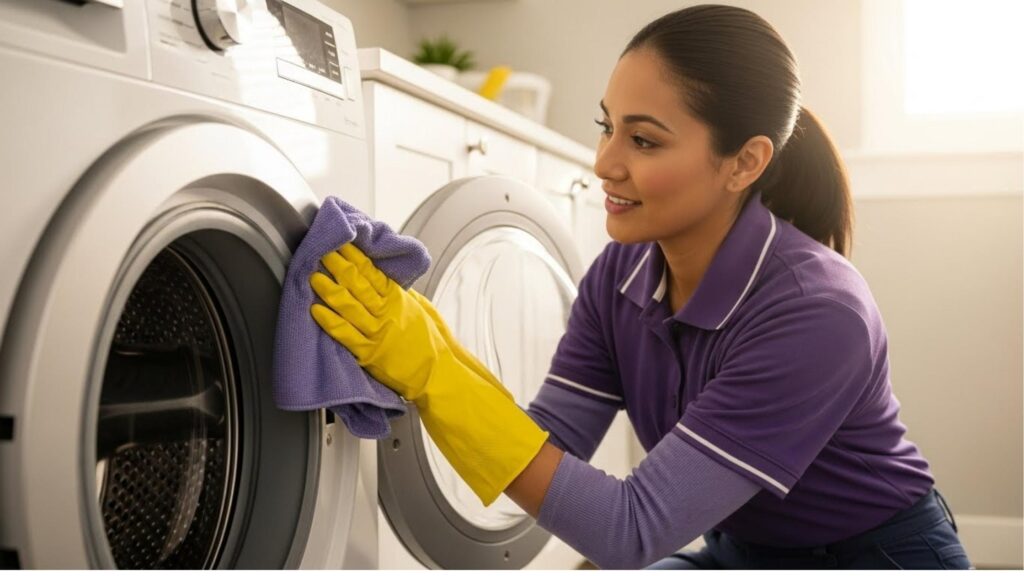 Mulher com luvas amarelas limpa a parte externa de uma máquina de lavar com pano roxo, sorrindo durante a tarefa.