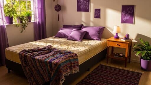Quarto arrumado com cama sem lençol, almofadas roxas e manta colorida sobre o colchão; decoração em tons de roxo com plantas e móveis de madeira.