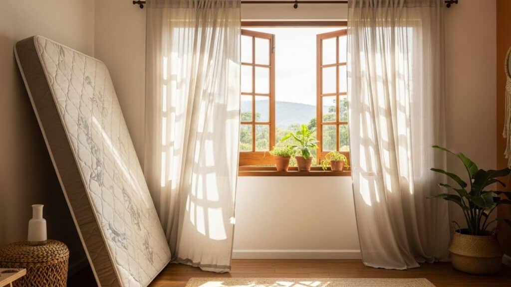 Colchão encostado na parede ao lado de uma janela aberta com cortinas claras, deixando entrar luz natural; há vasos com plantas na janela.