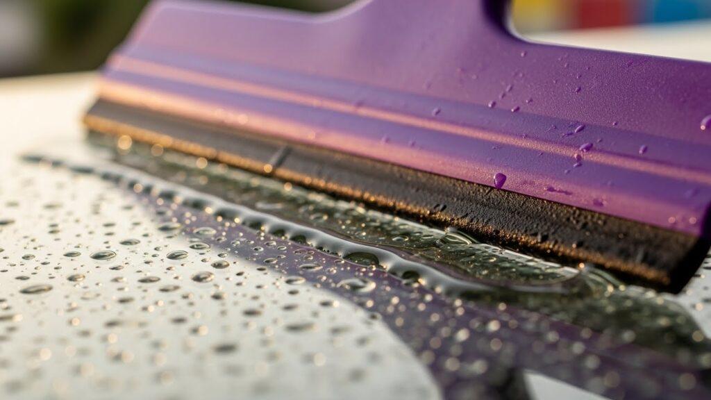 Rodo roxo removendo gotas de água de uma superfície lisa, com detalhe das gotas acumuladas.