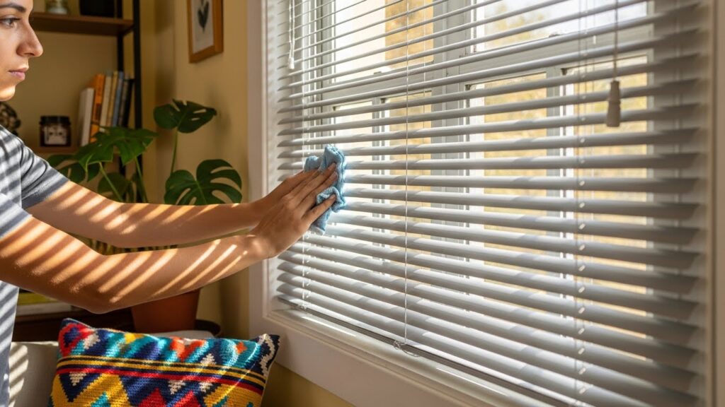 Pessoa limpando persiana branca com pano azul, com luz do sol entrando pela janela e ambiente decorado com planta e almofada colorida.
