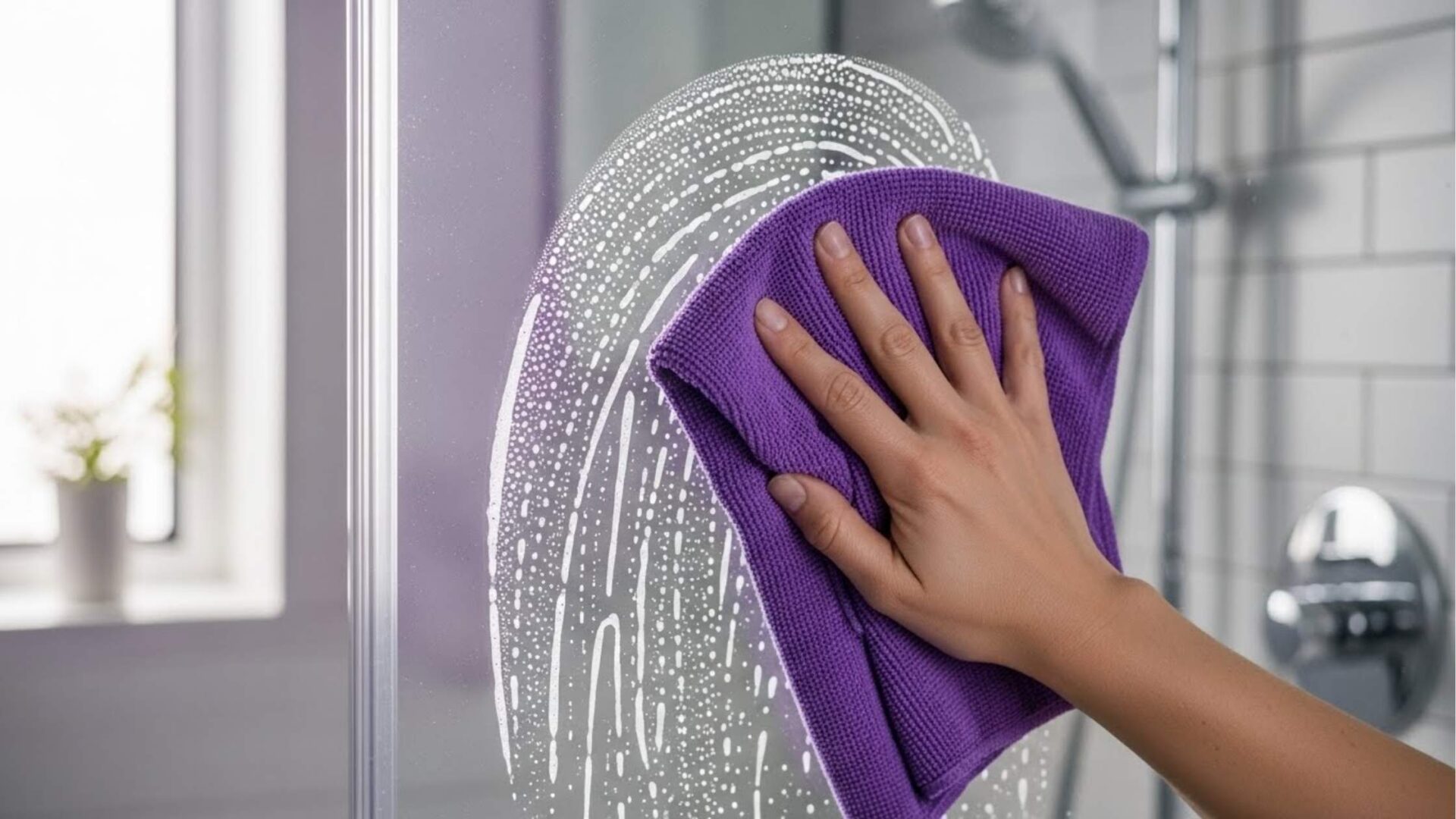 Mão usando pano roxo para limpar vidro de box com espuma branca em formato circular; ao fundo, azulejos brancos e parte de um chuveiro.