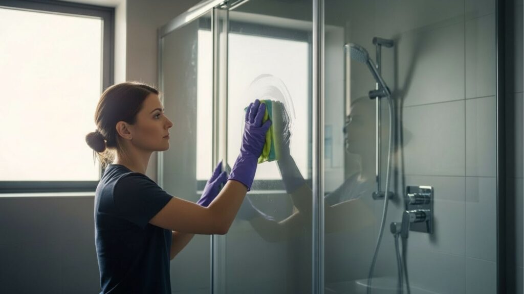 Mulher usando luvas roxas limpa o vidro do box do banheiro com pano amarelo e verde; ao fundo, chuveiro e parede com azulejos claros.