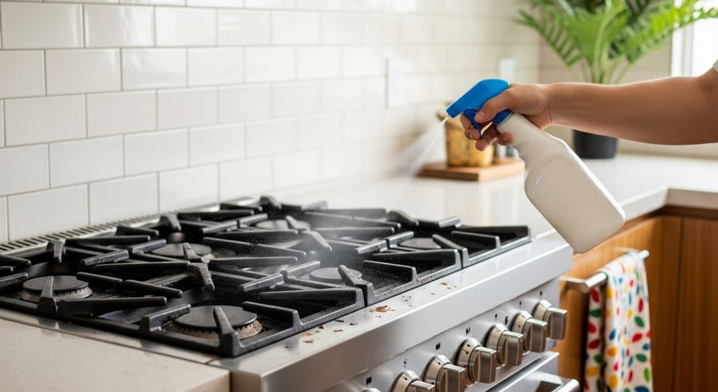 Pessoa borrifa produto de limpeza sobre fogão com tampo de inox e queimadores, em cozinha com revestimento branco.