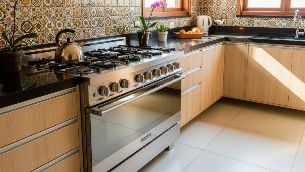 Cozinha iluminada com fogão inox central, chaleira sobre uma das bocas, armários de madeira clara e parede com azulejos decorativos.
