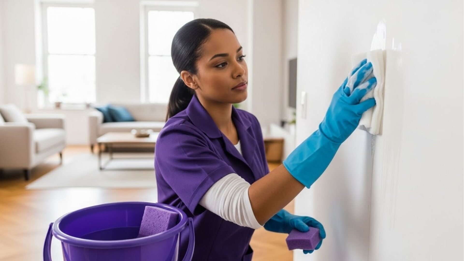 Profissional da limpeza esfregando parede branca com pano e luvas azuis, segurando esponja roxa ao lado de balde com água.