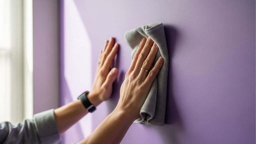 Pessoa limpando parede lilás com pano cinza, com luz natural entrando pela janela ao lado.