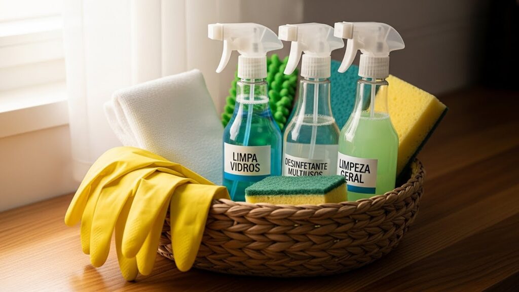 Cesto com itens de limpeza sobre superfície de madeira: frascos com rótulos “limpa vidros”, “desinfetante multiusos” e “limpeza geral”, esponjas, pano branco, luvas amarelas e flanela verde.