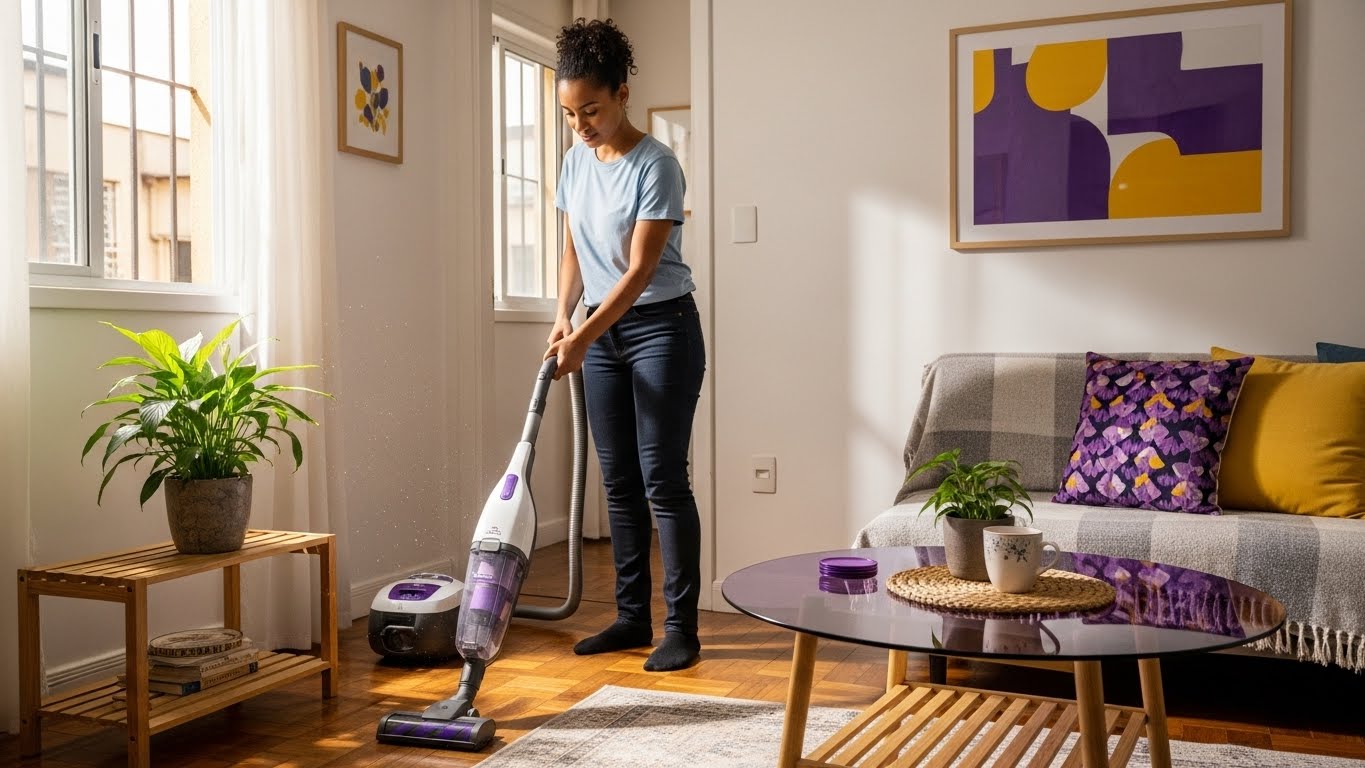 Mulher aspirando o chão de sala iluminada com almofadas coloridas no sofá, mesa de centro com planta e parede decorada com quadro roxo e amarelo.
