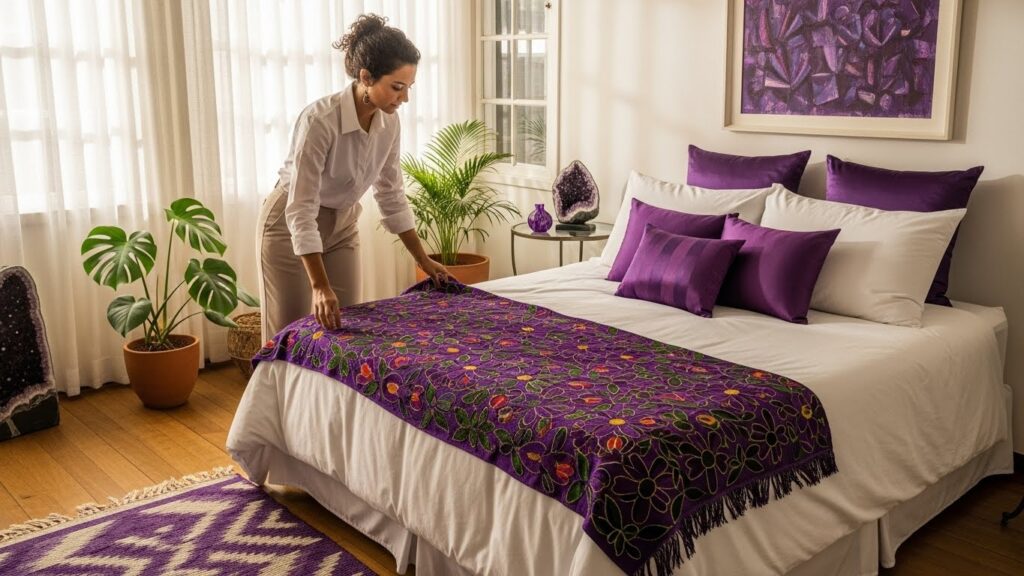 Mulher arrumando cama com manta roxa bordada em quarto decorado com almofadas roxas, plantas em vasos e quadro abstrato na parede.