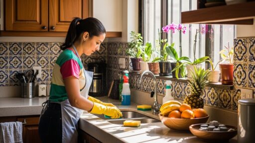 Mulher com luvas amarelas limpa a pia da cozinha ensolarada, cercada por plantas, utensílios e frutas frescas sobre a bancada.