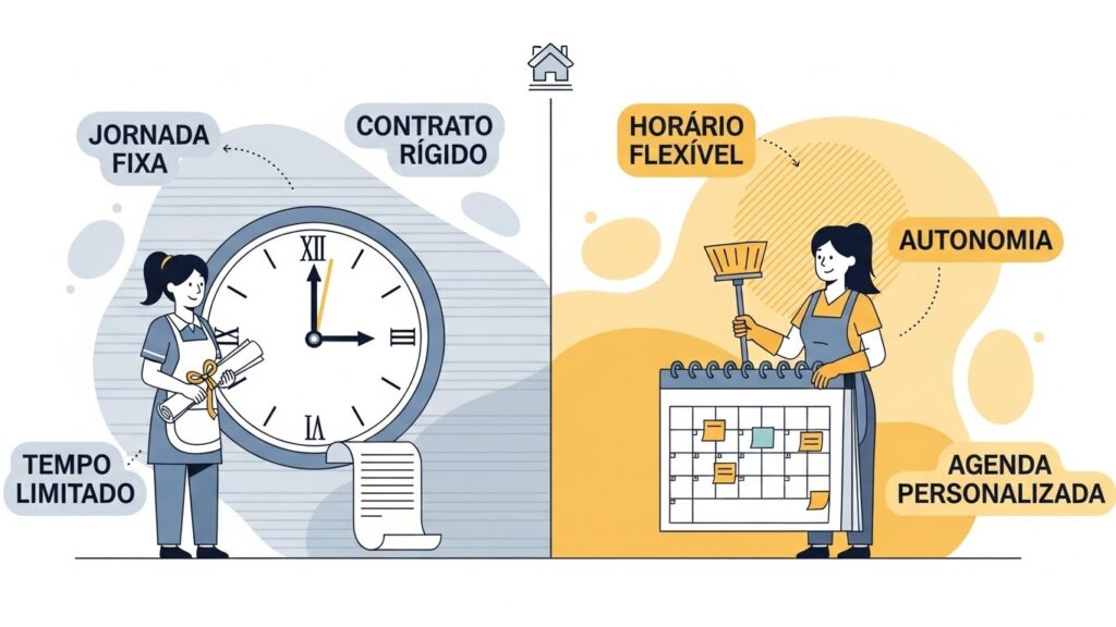 Ilustração comparando dois modelos de trabalho doméstico: à esquerda, jornada fixa e contrato rígido; à direita, horário flexível e agenda personalizada.