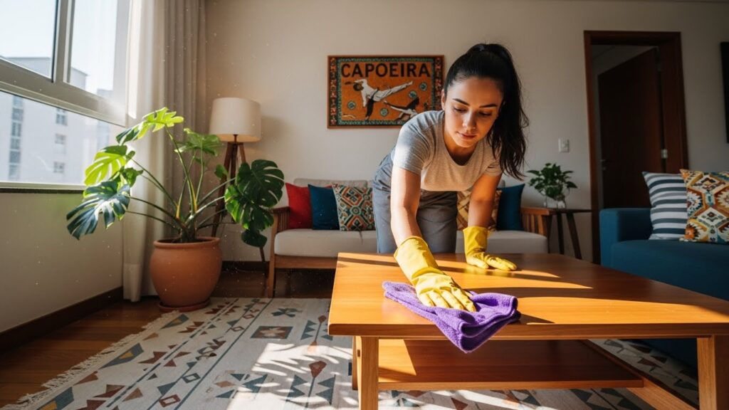Mulher usando luvas amarelas limpa mesa de madeira na sala com pano roxo, com decoração colorida e quadro de capoeira na parede.