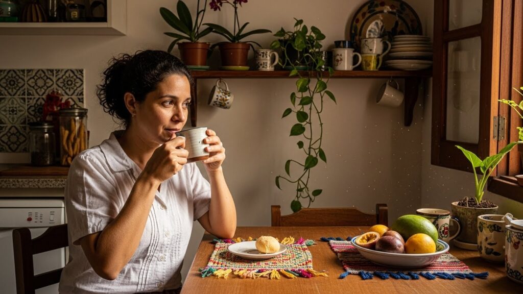 Mulher toma café da manhã em cozinha com decoração rústica, segurando uma caneca e olhando pela janela, com pão no prato e frutas tropicais sobre a mesa.