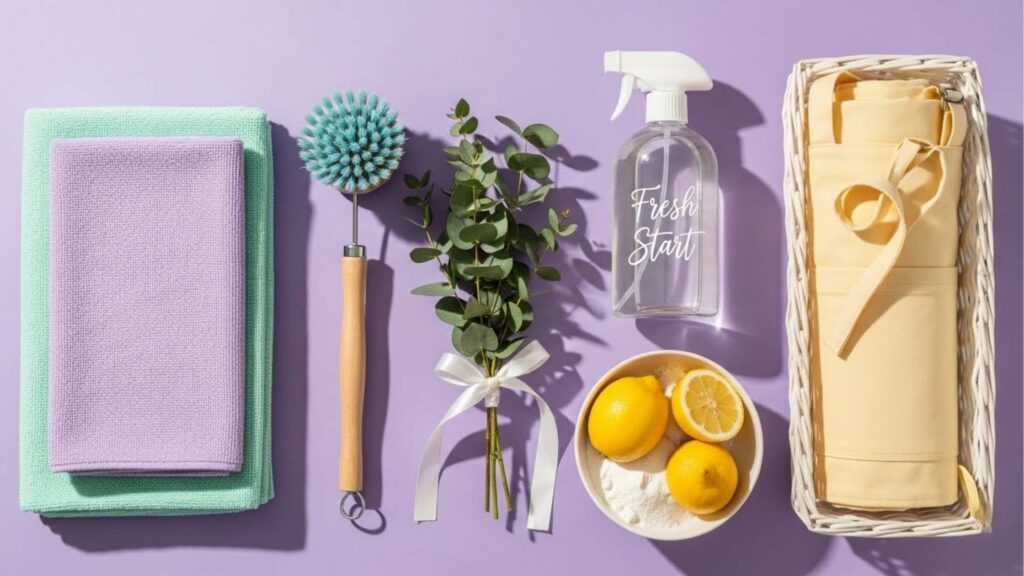 Imagem com itens de limpeza sobre fundo roxo, incluindo panos lilás e verde, uma escovinha, galho de eucalipto, frasco de spray com "Fresh Start", limões, e uma caixa com toalhas amarelas.