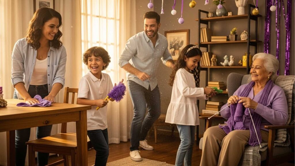 Cena de uma família se divertindo enquanto limpa a casa, com uma mãe, pai e crianças brincando e sorrindo, enquanto a avó tricotando na cadeira, com decoração roxa e festiva no ambiente.