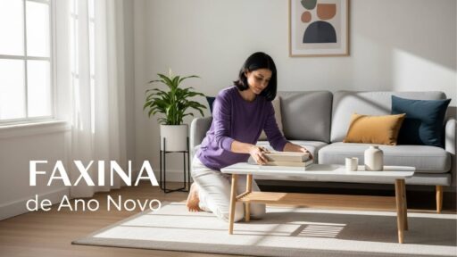 Mulher organizando livros em uma mesa de centro durante a faxina de Ano Novo, com um sofá cinza, almofadas coloridas e plantas decorativas no ambiente claro e arejado.