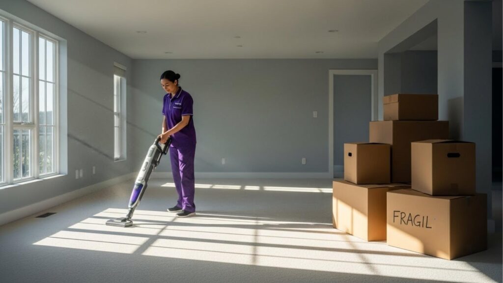 Profissional da limpeza passando aspirador de pó em sala vazia com caixas de mudança empilhadas, incluindo uma com a palavra “FRÁGIL” escrita.