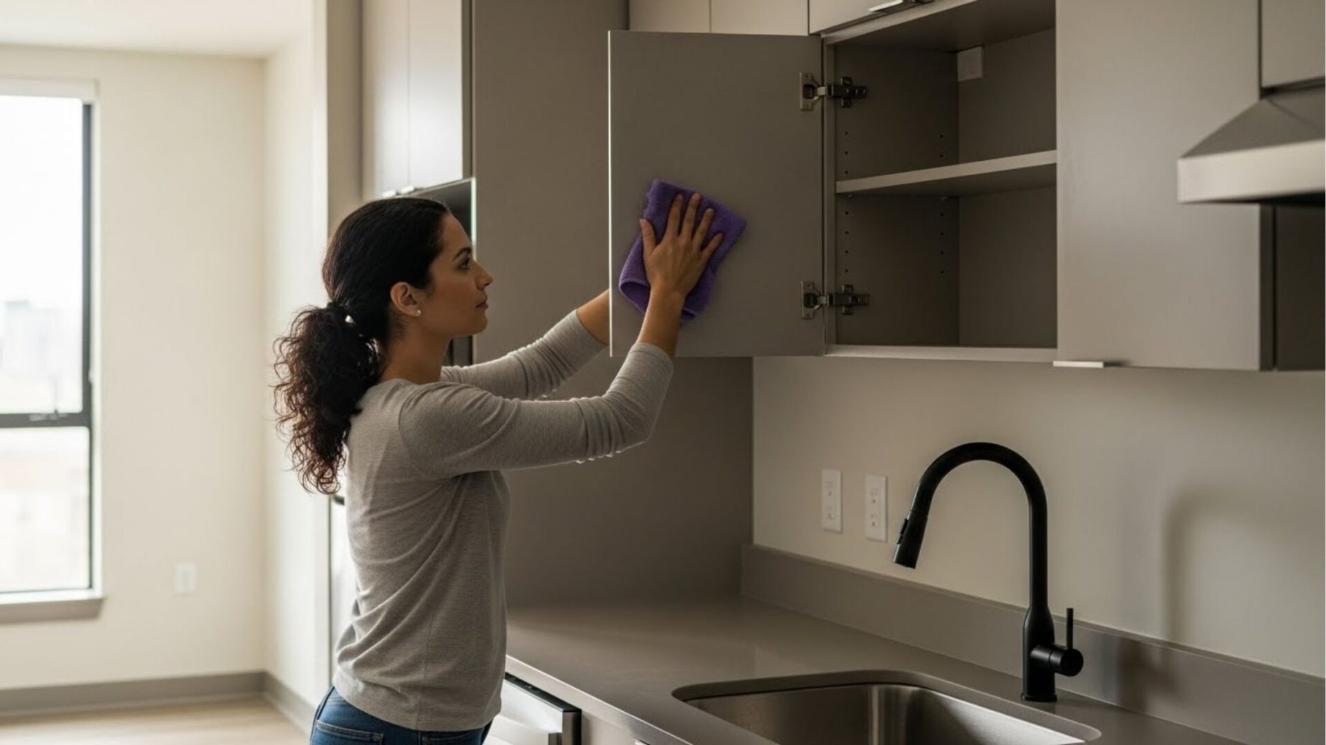 Mulher limpando a parte interna da porta de um armário de cozinha com pano roxo, em ambiente iluminado e moderno.