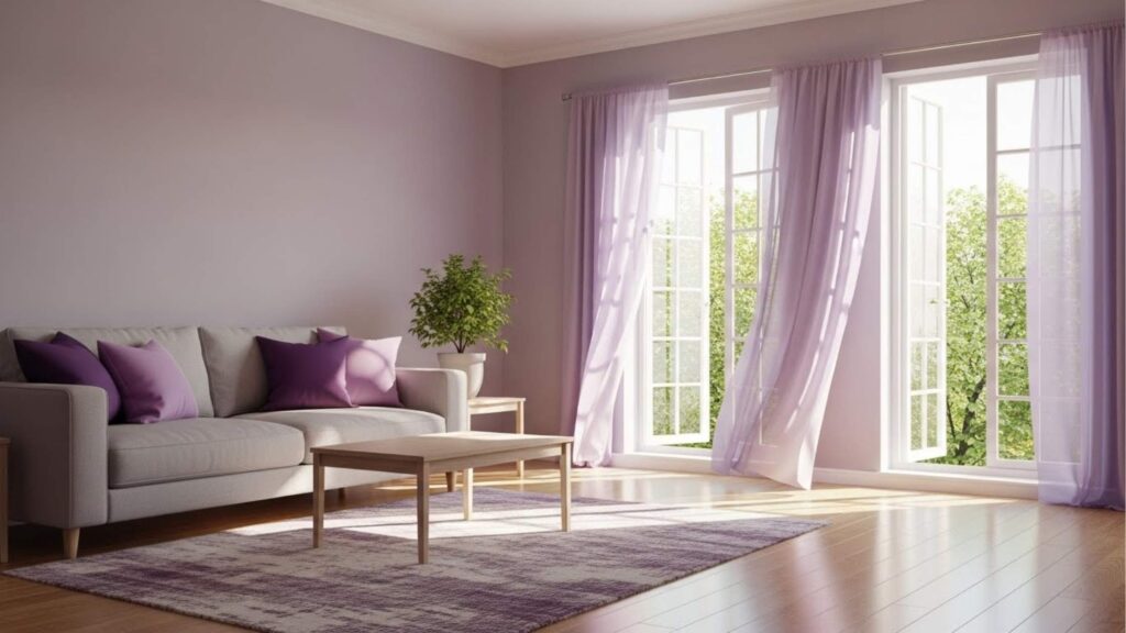 Sala iluminada com sofá cinza claro, almofadas roxas, mesa de centro de madeira clara, cortinas lilás e janelas abertas com vista para árvores verdes.