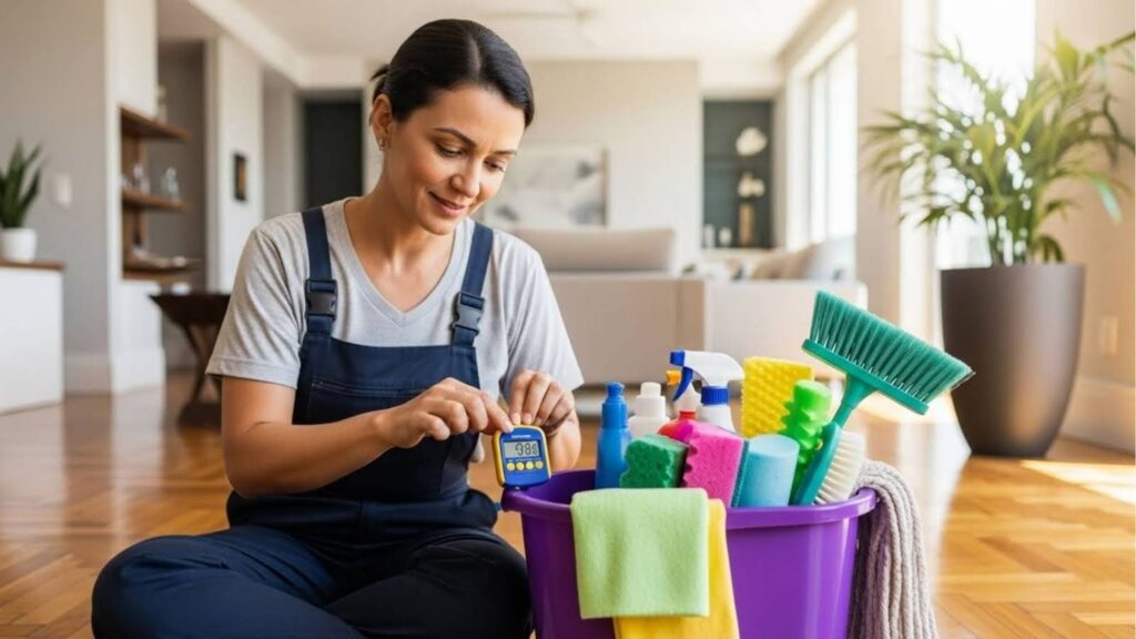 Mulher sentada no chão ao lado de balde com produtos de limpeza e esfregão, ajustando um temporizador digital.