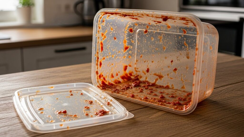 Pote plástico com tampa ao lado, sujo com restos de molho vermelho espesso, sobre bancada de madeira.