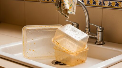 Potes plásticos sujos com resíduos alaranjados empilhados dentro da pia, prontos para lavagem.