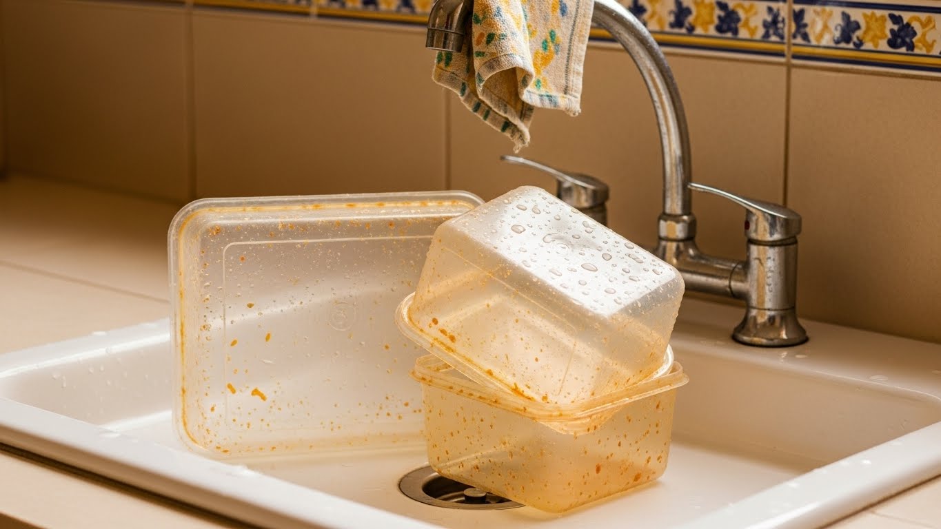 Potes plásticos sujos com resíduos alaranjados empilhados dentro da pia, prontos para lavagem.